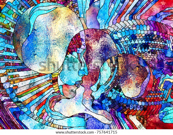 Stained Glass Forever series. Teacher and\
pupil profiles divided and merged by mosaic reality on the subject\
of unity of\
existence.