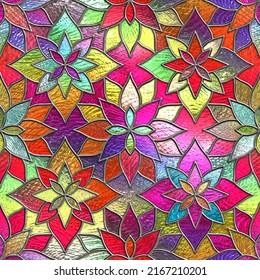 Stained Glass Seamless Texture With Geometric Flowers Pattern For Window, Colored Glass, 3d Illustration