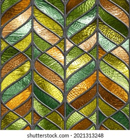 Stained Glass Seamless Texture With Leaf Pattern For Window, Colored Glass, 3d Illustration