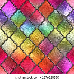 Stained Glass Seamless Texture With Moroccan Pattern For Window, Colored Glass, 3d Illustration	