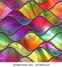 Stained glass seamless texture with waves pattern for window, colored glass,  3d illustration