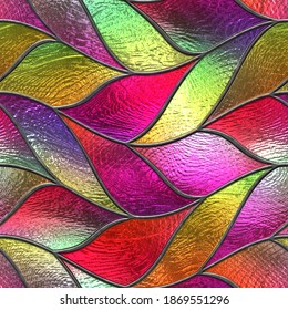 Stained Glass Seamless Texture With Waves Pattern For Window, Colored Glass, 3d Illustration	