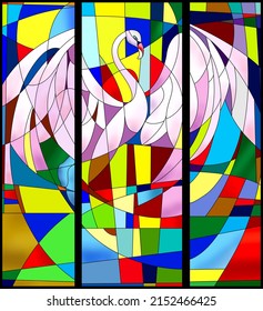 Stained glass style illustration big pink flamingo (or swan) and open wings abackground rainbow colors in random shapes  3 piece window  Grafitti  Mosaic  Batik  