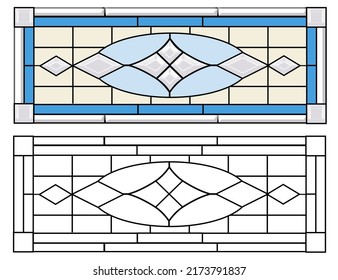 Stained glass transom window pattern of ovals and diamonds in Victorian stye.