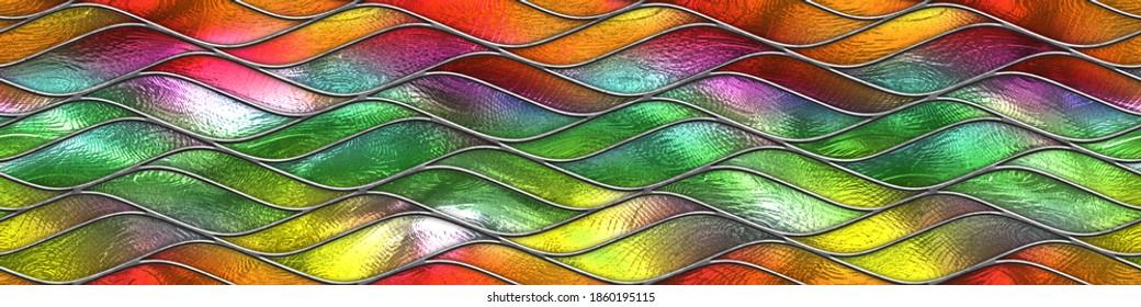 Stained Glass With Waves Pattern For Window, Seamless Texture, Colored Glass, Long Texture, 3d Illustration