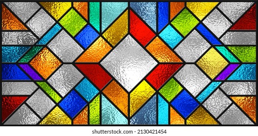 Stained glass window. Abstract colorful stained-glass background. Art Deco geometric decor for interior. Vintage pattern. Luxury modern interior. Transparency. Multicolor template for design interior.