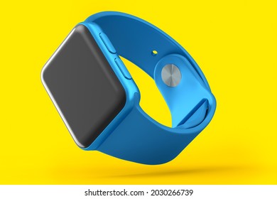 Stainless Silver Smart Watch With Blue Strap Isolated On Yellow Background. 3D Rendering Concept Of Wearable Device Health And Fitness Tracker