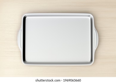 Stainless Steel Baking Pan On Wood Table, Top View. 3D Illustration