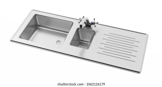 Stainless Steel Kitchen Sink And Water Tap Isolated On White Background, View From Above. 3d Illustration