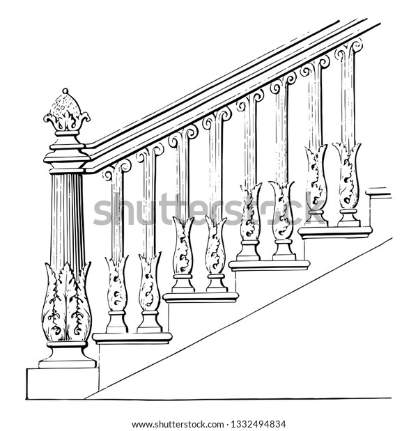 階段レールは 土器 溶接鋼棒 読み取り 階段の手すり ビンテージ線の描画 彫刻イラストで作られています のイラスト素材