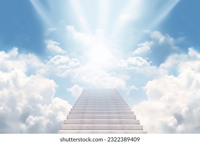 A staircase extending into the sky with clouds above and a bright light against a white background