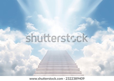 A staircase extending into the sky with clouds above and a bright light against a white background