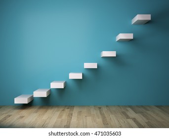 Staircase To Success, 3D Modeled Fictional Stairs Coming From A Blue Wall Representing Exponential Rise.. Success Representation Towards The Goal.