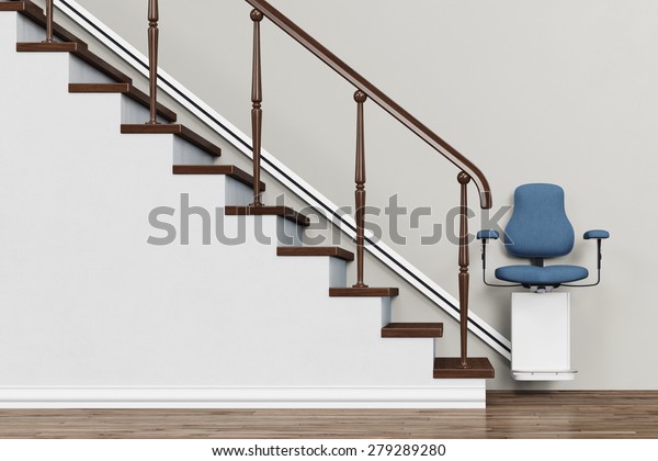 Stairlift on a staircase for accessible\
housing (3D\
Rendering)