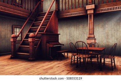 Stairs, Piano And A Table In An Old Wild West Saloon. 3D Illustration.