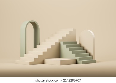 Stairs and podium with geometric shapes on beige background, green arch and stage for product display and promotion. Mockup copy space, 3D rendering