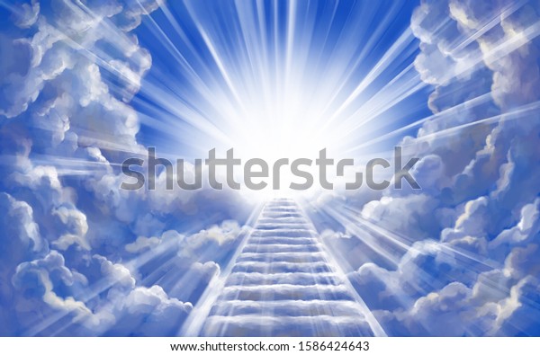 stairway to heaven in glory, gates of\
Paradise, meeting God, symbol of Christianity, art illustration\
painted with\
watercolors