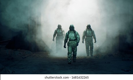 Stalkers in military protective clothing and a gas mask are walking along an abandoned and deserted metro. The concept of a post-apocalyptic world after a nuclear war. 3D Rendering