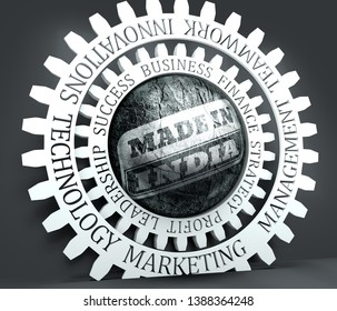 Stamp icon. Graphic design elements. 3D rendering. Made in India text. Business relative words on the gear