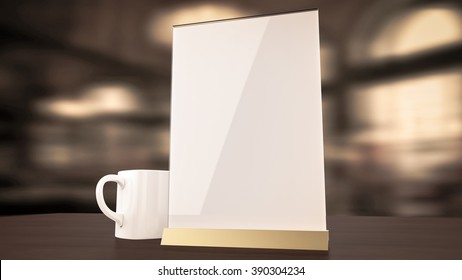 Stand For Booklets With White Sheets Of Paper Acrylic Table Tent Card Mockup On Wooden Table With Cup Of Coffee On Blurred Background 3d Render