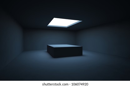 Stand by your object, standing in a dark room and illuminated by light from a window in the ceiling.