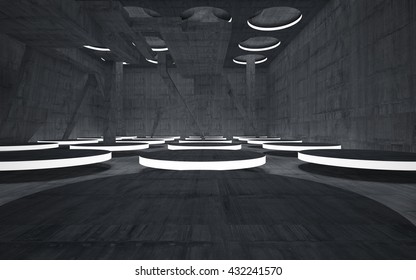 Stand by your object, standing in a dark concrete room and illuminated by light from a round window in the ceiling. 3D illustration. 3D rendering