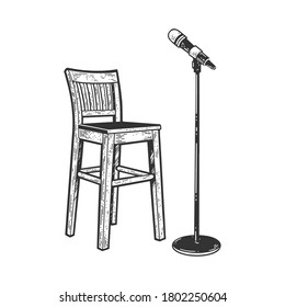 Stand Up Comedy Chair And Microphone Sketch Engraving Raster Illustration. T-shirt Apparel Print Design. Scratch Board Imitation. Black And White Hand Drawn Image.