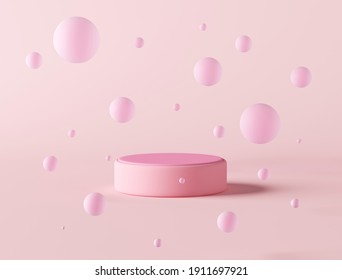 stand display girl concept air bubble float circle product advertisement commercial female pink pastel. platform for cosmetic powder makeup or skincare. 3D illustration.
