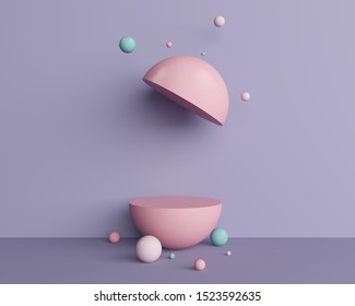 Stand And Display Pastel. Sphere Baby Pink Toy Egg Half Circle Ball Blue Float 3d Geometric Shapes Ball Purple Background Room Elevation Cut Section. 3D Illustration.