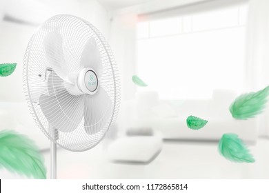 Stand Fan Moving The Air With Flying Green Leaves On Cozy White Bokeh Living Room In 3d Illustration