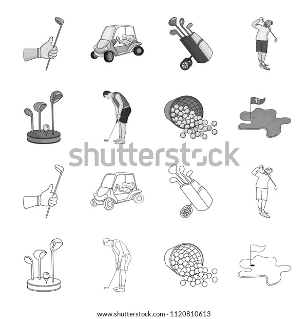 Stand for a golf club, muzhchin playing with a\
club, basket with balls, label with a flag on the golf course. Golf\
Club set collection icons in outline,monochrome style bitmap symbol\
stock