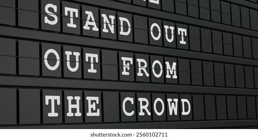 Stand out from the crowd. Black timetable display with white text. Various, individuality, special, different. 3D illustration