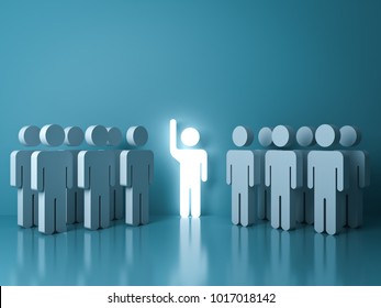Stand out from the crowd and different concept , One glowing light man raising his hand among other people on light green pastel color background with reflections and shadows . 3D rendering.