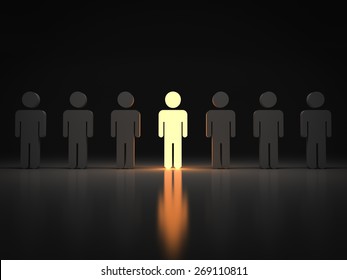 Stand out from the crowd and different concept , One light man standing with arms wide open with other people
