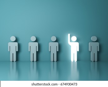 Stand out from the crowd and different concept , One glowing light man raising his hand among other people on light green background with reflections and shadows . 3D rendering.