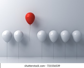 Stand out from the crowd and different concept , One red balloon flying away from other white balloons on white wall background with window reflections and shadows . 3D rendering.