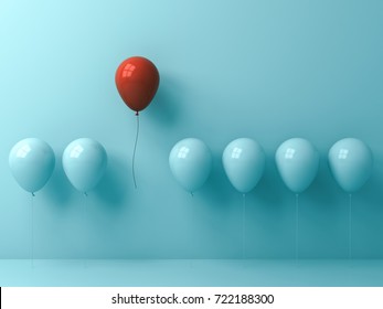 Stand out from the crowd and different concept , One red balloon flying away from other cyan balloons on light cyan pastel color wall background with window reflections and shadows . 3D rendering.