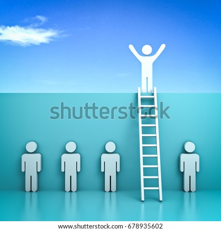Stand out from the crowd and different concept , One man standing with arms wide open on top of the wall with ladder above other people on green pastel background with reflections . 3D rendering.