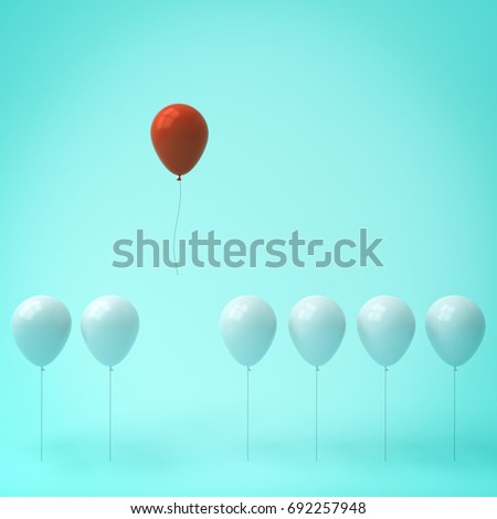 Stand out from the crowd and different concept , One red balloon different from other white balloons on light green pastel color wall background with window reflections and shadows . 3D rendering.