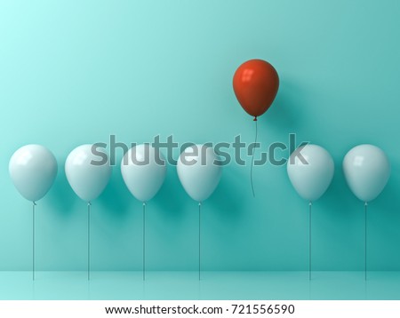 Stand out from the crowd and different concept , One red balloon flying away from other white balloons on light green pastel color wall background with window reflections and shadows . 3D rendering.