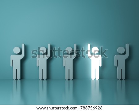 Stand out from the crowd and different concept , One glowing light man raising his right hand among other left hand people on light green background with reflections and shadows . 3D rendering.