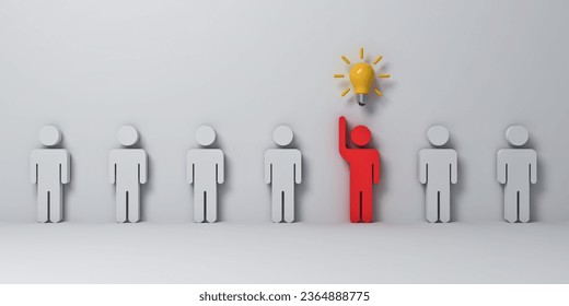 Stand out from the crowd and different concepts One red man raising his hand with yellow idea bulb amongs other white people on white grey wall background with shadows 3D rendering