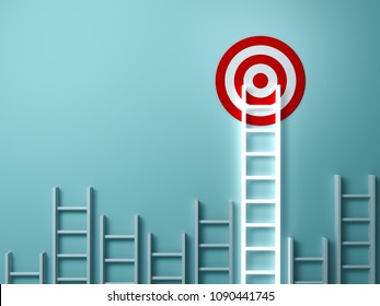 Stand out from the crowd and different creative idea concepts , Longest light ladder glowing and aiming high to goal target among other short ladders on green background with shadows . 3D rendering.