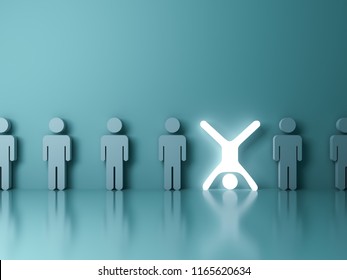 Stand out from the crowd and different creative idea concept One glowing light man standing upside down with arms and legs wide open among other people on dark green background 3D rendering