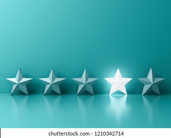 Stand out from the crowd and different creative idea concepts One glowing light star standing among other dim stars on green pastel color background with reflections and shadows 3D rendering