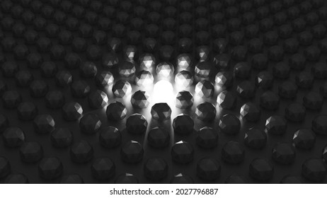 Stand Out from The Crowd and Different Creative Idea Concepts, One Glowing Light Sphere Shining Among Other Dim Sphere in the Dark Night Background with Reflections and Shadows 3D Rendered