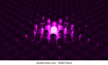 Stand Out From The Crowd And Different Creative Idea Concepts, One Glowing Light Sphere Shining Among Other Dim Sphere In The Dark Night Background With Reflections And Shadows 3D Rendered