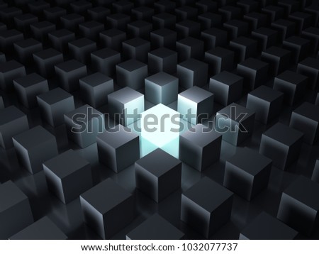 Stand out from the crowd and different creative idea concepts , One glowing light cube shining among other dim cubes in the dark night background with reflections and shadows . 3D rendering.