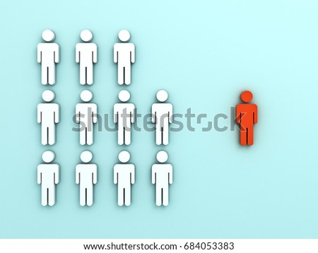 Stand out from the crowd and different creative idea concepts , One red man standing alone separate from group of white people on cyan background with shadows , leadership concept . 3D rendering.