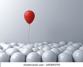 Stand out from the crowd and different or think outside the box creative idea concepts One red balloon floating above other white balloons on white background with window reflections 3D rendering